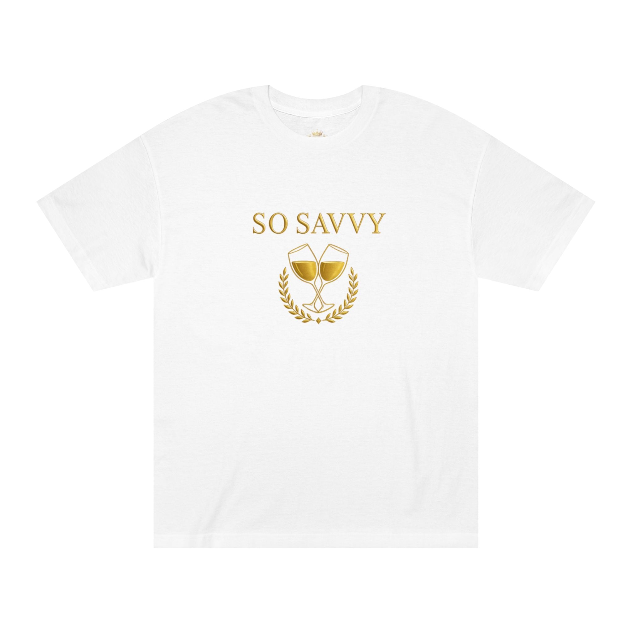 So Savvy Tee — Gold Wine Glasses Graphic Shirt
